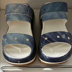 Denim Blue Mega Crush platform CROCS with White and Tan Sole